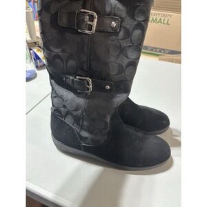 COACH Signature Logo TINAH Womens Pull On Black Suede Mid Calf Boots Size 8.5